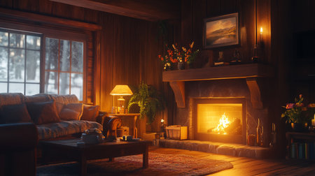 Interior of a cozy living room with a fireplace and a sofa. 3d renderingの写真素材