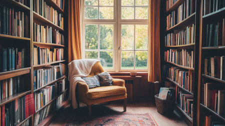Bookshelf with books and armchair in the library room.