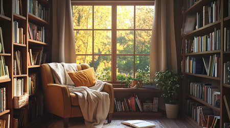 Comfortable armchair and bookshelf near window in cozy room