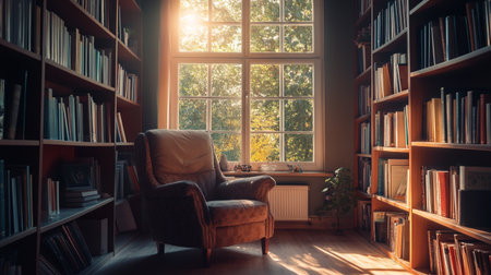 Bookshelf with books and armchair in the library at sunsetの写真素材