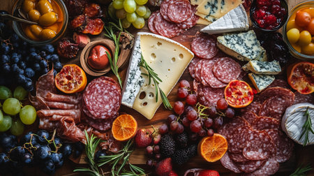 Antipasto background. Ham, cheese, prosciutto, grapes, olives, tomatoes and wine. Top viewの写真素材