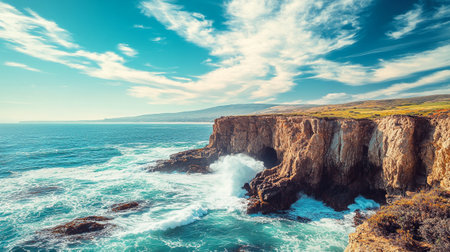 Beautiful seascape with cliffs and ocean waves. Toned.の写真素材
