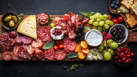 Antipasto plate with salami, cheese and olivesの写真素材