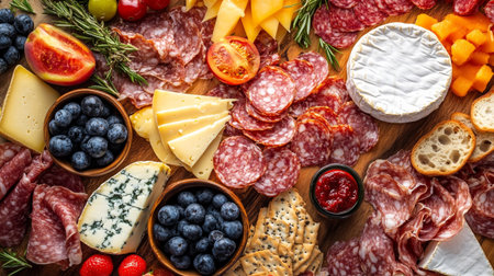 top view of different types of cheese, ham, salami and berries on wooden tableの写真素材