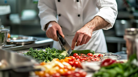 Chef cutting vegetables on a kitchen counter in a restaurant or hotelの写真素材