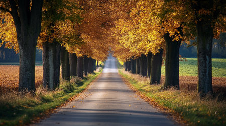 Autumnal alley in the countryside with golden trees and asphalt roadの写真素材