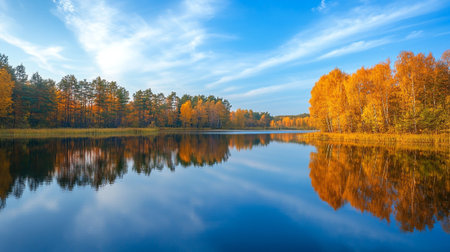 Beautiful autumn landscape with forest lake. Colorful trees reflected in water.の写真素材