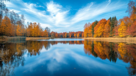 Autumn landscape with colorful trees reflected in the lake, Poland.の写真素材