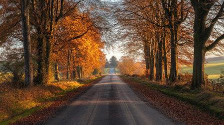 Autumnal road in the countryside, panoramic view.の写真素材