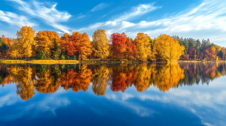 Autumn landscape with colorful trees reflected in the lake. Panorama