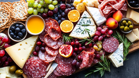 Antipasto platter with ham, salami, cheese and fruitsの写真素材