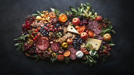 Variety of meat and cheese as top view on a rustic backgroundの写真素材