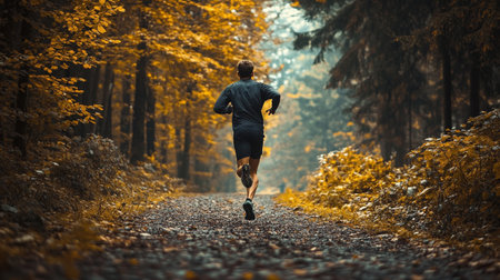Running man jogging in autumn forest. Sport fitness model caucasian ethnicity training outdoor.の写真素材