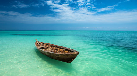 Wooden boat on the turquoise sea with blue sky background