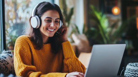 Smiling young woman in headphones using laptop while sitting in cafe.の写真素材