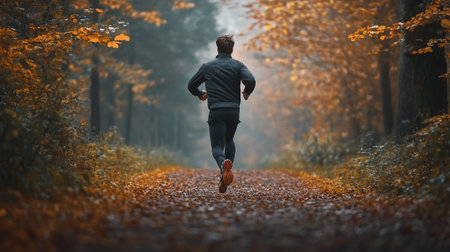 Athletic man running in autumn forest. Healthy lifestyle conceptの写真素材