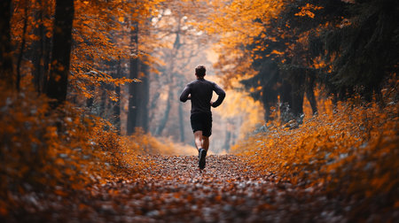 Athletic man running in autumn forest. Healthy lifestyle conceptの写真素材