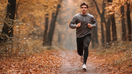 Young man jogging in autumn forest. Healthy lifestyle and sport concept.の写真素材