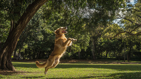 Golden Retriever dog playing in the park in summer day.の写真素材