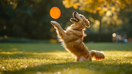 Golden Retriever playing with an orange disc in the park.の写真素材