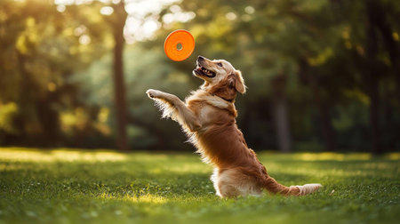 Golden Retriever dog playing with an orange disc in the park