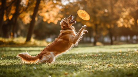 Golden Retriever dog playing with flying disk in the park.の写真素材