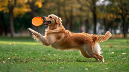 Golden Retriever running in the park and catching a flying disc