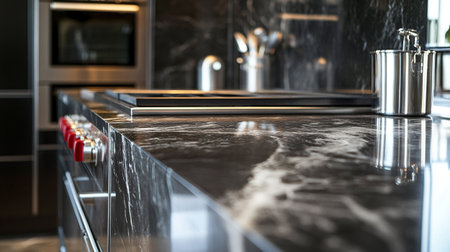 Modern luxury black and white kitchen interior design. Close up view of the countertop.の写真素材