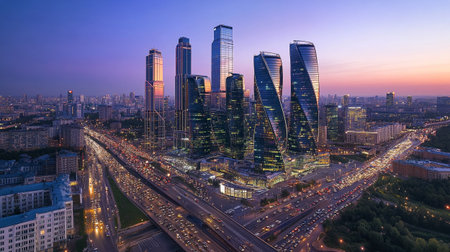 Aerial view of modern business center in Moscow at sunset, Russia