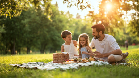 happy family having picnic in park on summer day, father and childrenの写真素材