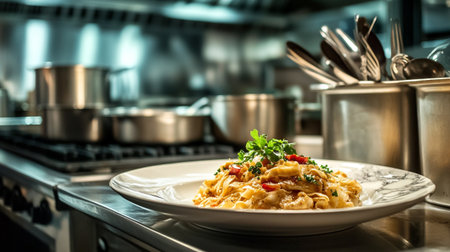 Tasty appetizing classic Italian pasta with a delicious sauce in the restaurant kitchenの写真素材