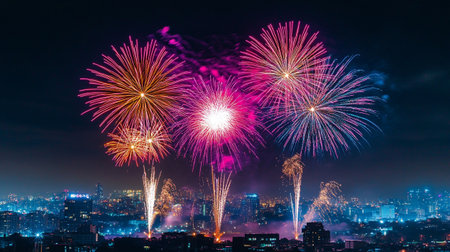 Beautiful colorful firework display for celebration happy new year and merry christmasの写真素材