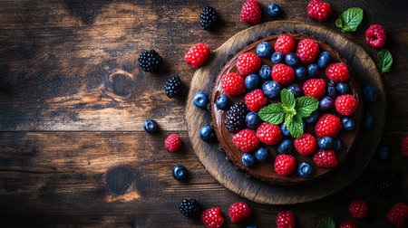 Homemade chocolate cake with fresh berries on rustic wooden background.の写真素材
