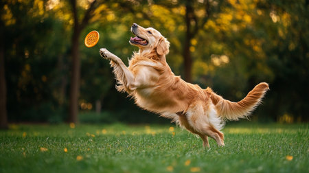 Golden Retriever dog catching a flying disc in the park.の写真素材