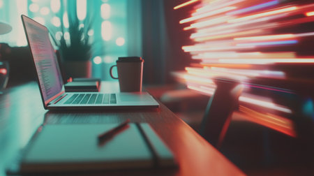 Laptop computer and coffee cup on wooden table in modern office. Blurred backgroundの写真素材