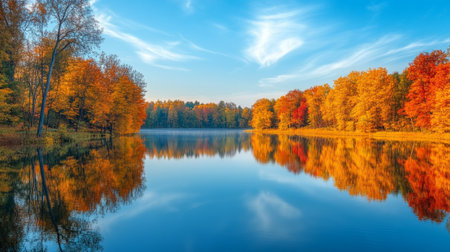 Autumn forest reflected in the lake. Autumn landscape with colorful trees.