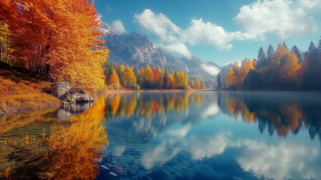 Colorful autumn landscape with mountain lake and forest reflected in water.の写真素材