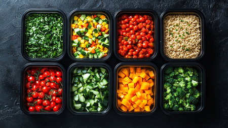 Healthy food in plastic containers on black background. Top view, flat layの写真素材