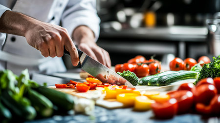 Chef cutting vegetables in a restaurant kitchen. Selective focus.の写真素材