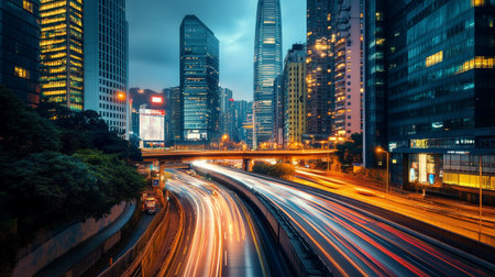 traffic in Hong Kong at night. Hong Kong is the most densely populated of the five boroughs of Hong...