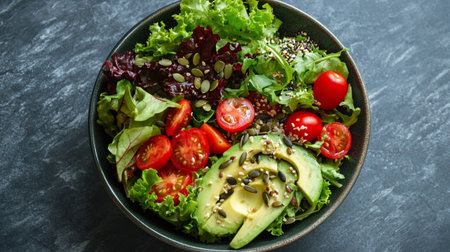 Healthy salad bowl with avocado, tomatoes, lettuce and sesame seeds