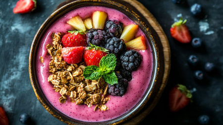 Healthy breakfast bowl with berry smoothie, granola and fresh berries on dark background