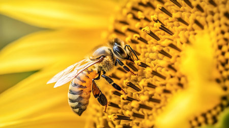 Close up of a bee pollinating a sunflower in the garden