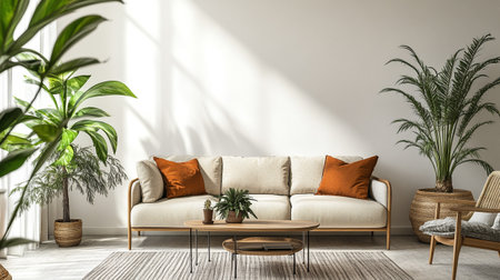 Interior living room with brown sofa 3d render illustration mockup