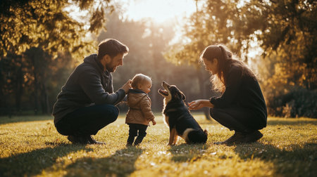 Happy family playing with their little dog in the park at sunset.の写真素材