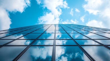 Reflection of blue sky in windows of modern office building. Business concept.