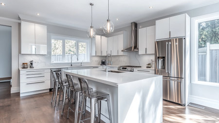 Kitchen in new luxury home with white walls and hardwood floor