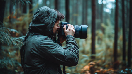 Photographer taking photos in the autumn forest with a professional camera.