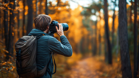 Photographer with a camera in the autumn forest. Nature photography.の写真素材