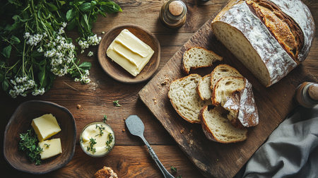 Slices of bread with butter and herbs on a wooden tableの写真素材